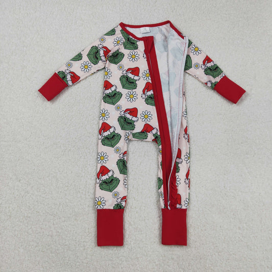 LR2489 Christmas Grinch Flower Red Ruffle Zipper Long Sleeve Girls Romper 202508 RTS