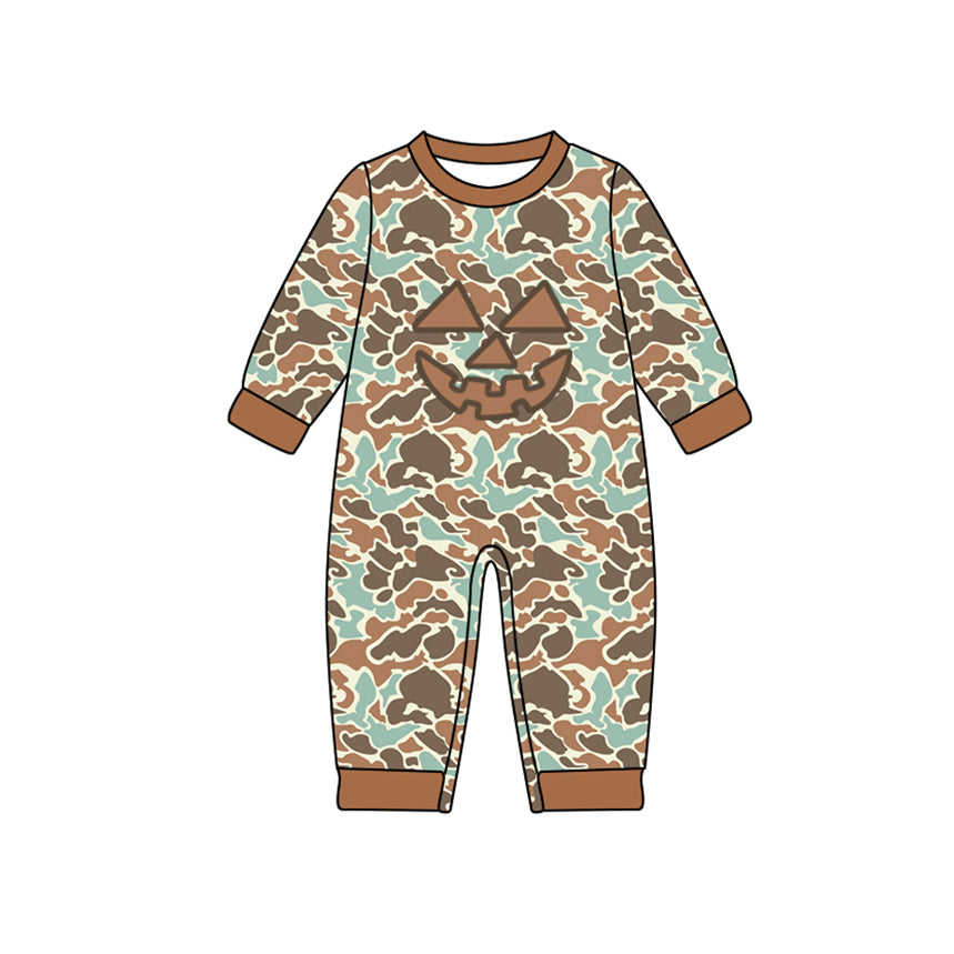 Preorder LR2492 Halloween Ghost Pumpkin Camouflage Brown Green Long Sleeve Boys Romper 202507