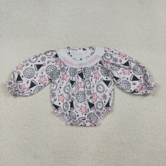 LR2493 Embroidered Happy New Year Girls Long Sleeve Bubble Romper 202510 RTS