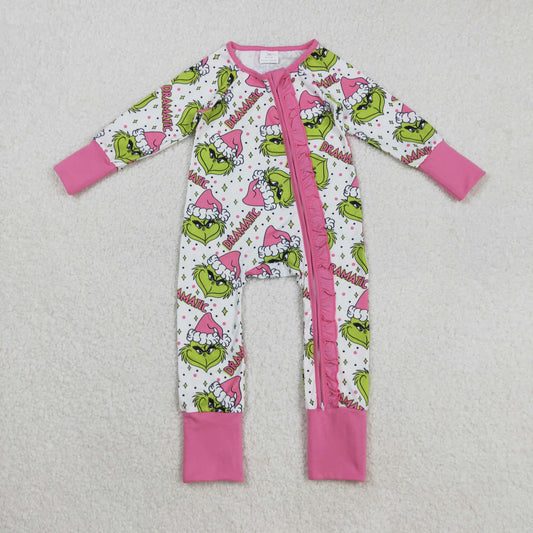 LR2495 Christmas Grinch Pink Ruffle Zipper Long Sleeve Girls Romper 202508 RTS