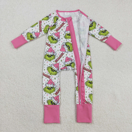 LR2495 Christmas Grinch Pink Ruffle Zipper Long Sleeve Girls Romper 202508 RTS