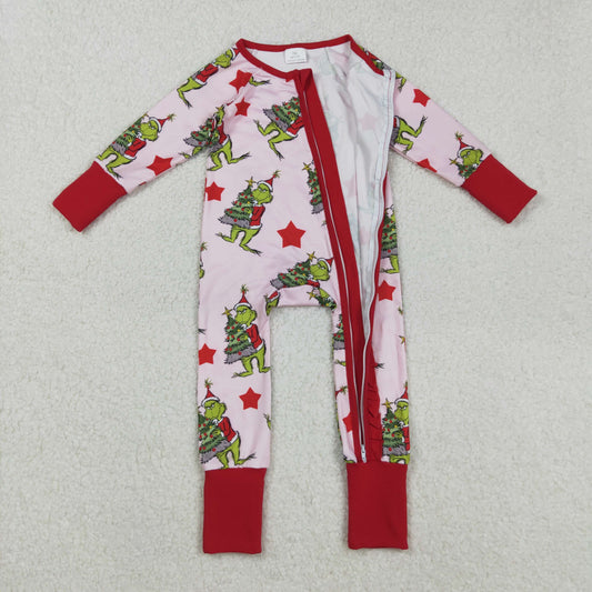 LR2496 Christmas Grinch Red Ruffle Zippy Long Sleeve Girls Romper 202508 RTS