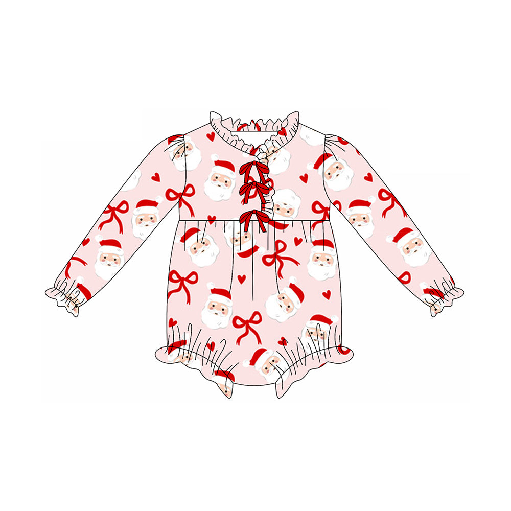 Preorder LR2497 Christmas Santa Claus Pink Ruffle Long Sleeve Girls Bubble Romper 202507