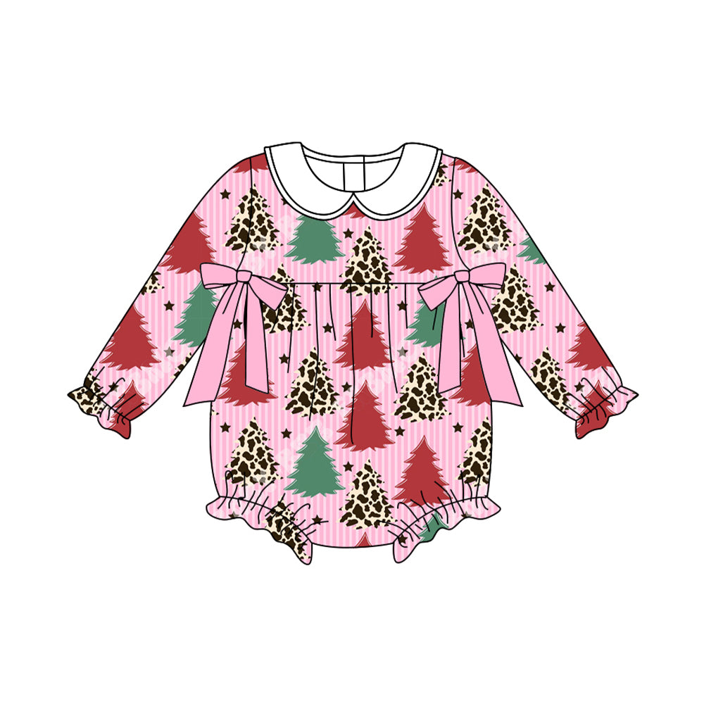 Preorder LR2502 Christmas Tree Doll Collar Pink Long Sleeve Girls Bubble Romper 202507