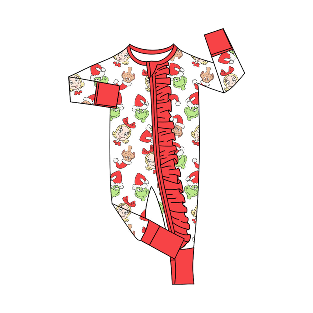 Preorder LR2503 Christmas Grinch Red Ruffle Zippy Long Sleeve Girls Romper 202507