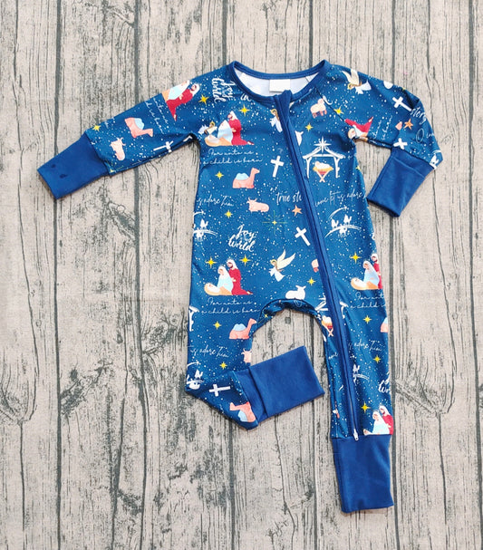 Preorder LR2504 Christmas Jesus Dark Blue Zippy Long Sleeve Girls Romper 202508