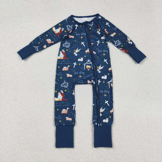 LR2504 Christmas Jesus Dark Blue Zippy Long Sleeve Girls Romper 202509 RTS
