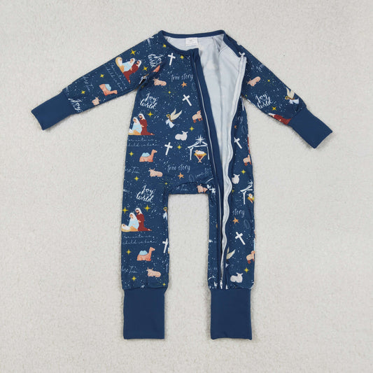 LR2504 Christmas Jesus Dark Blue Zippy Long Sleeve Girls Romper 202509 RTS