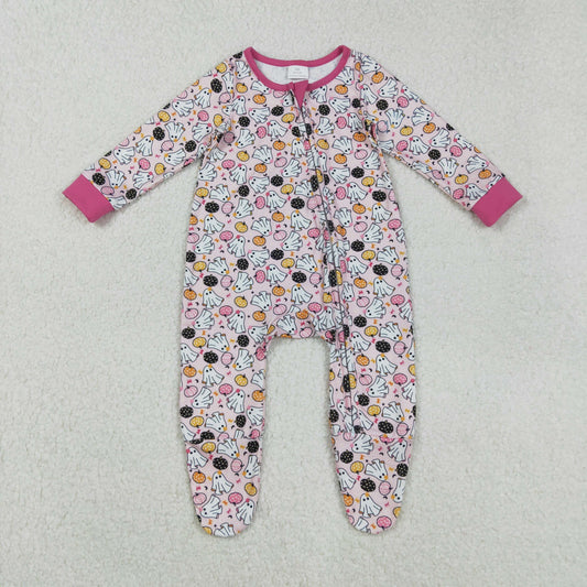 LR2506 Halloween Ghost Pink Zippy Long Sleeve Girls Romper 202508 RTS