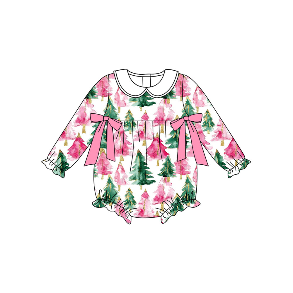 Preorder LR2510 Christmas Tree Pink Bows Doll Collar Long Sleeve Girls Bubble Romper 202507
