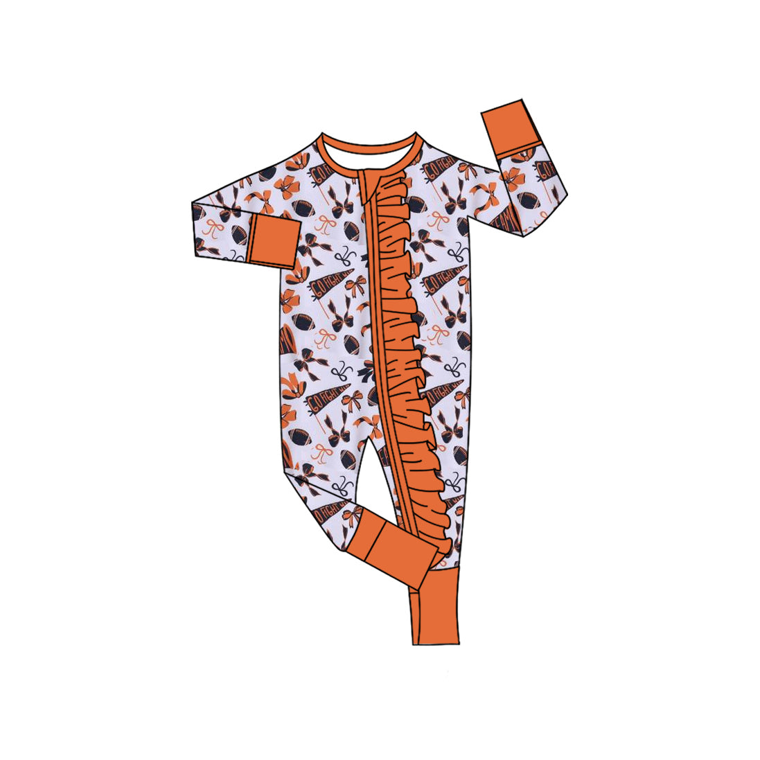Preorder LR2514 Go Team Bows Orange Zippy Long Sleeve Girls Romper 202508