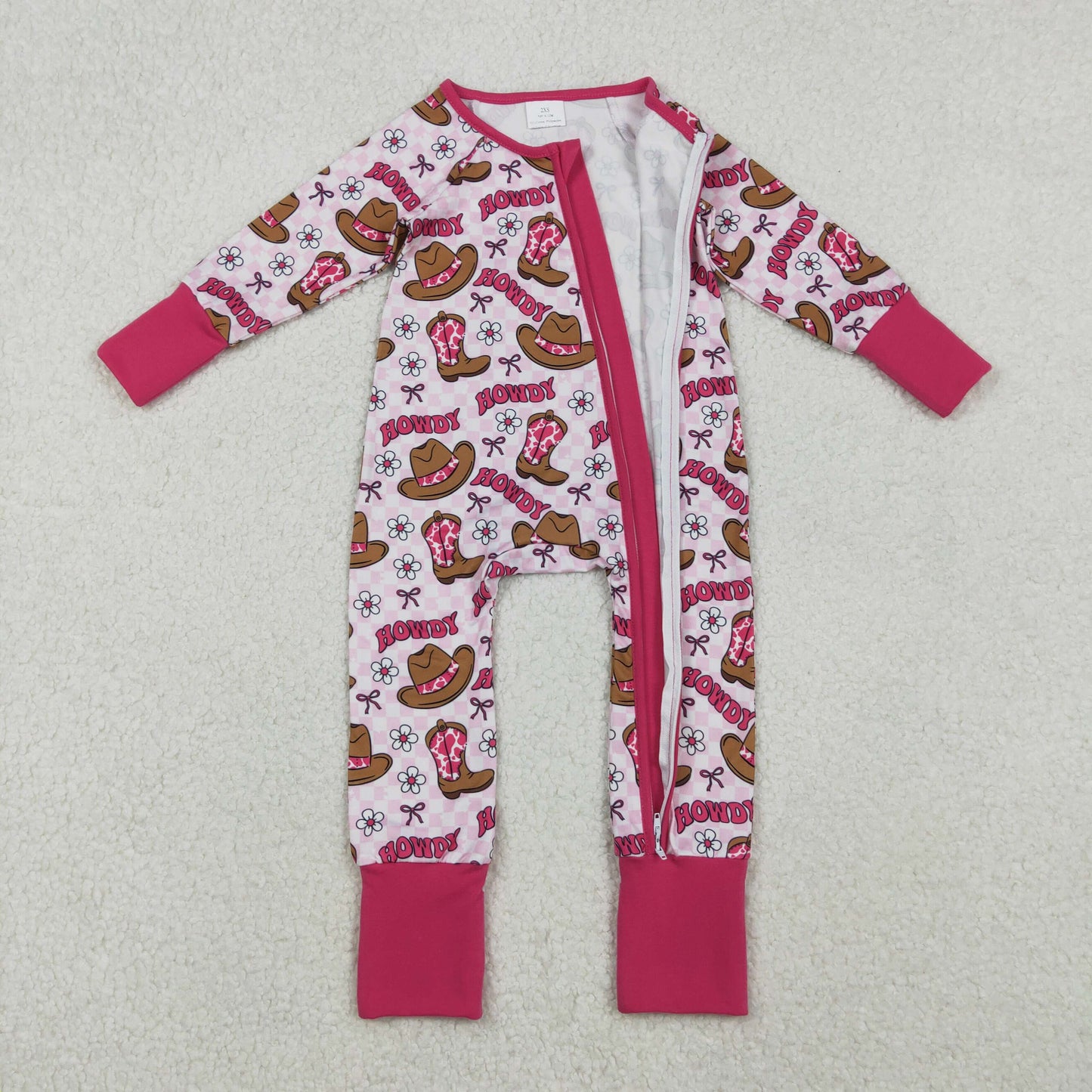 LR2516 Howdy Cowgirl Rose Red Zippy Long Sleeve Girls Romper 202511 RTS