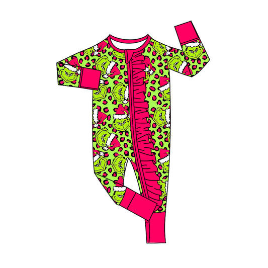 Preorder LR2520 Christmas Grinch Leopard Rose Red Ruffle Zippy Green Long Sleeve Girls Romper 202508