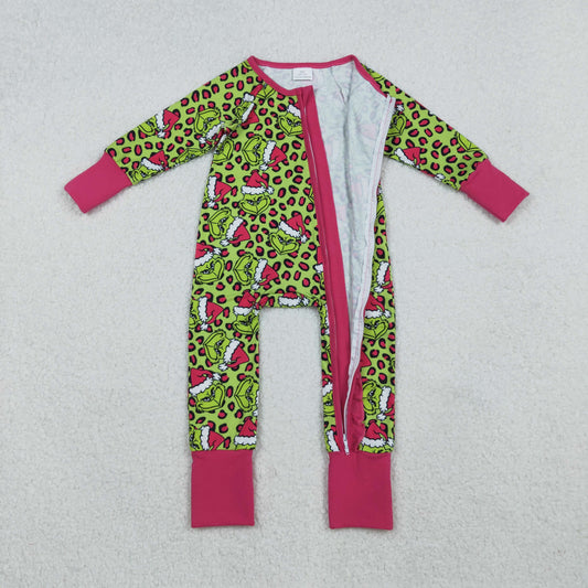 LR2520 Christmas Grinch Leopard Rose Red Ruffle Zippy Green Long Sleeve Girls Romper 202510 RTS