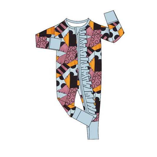 Preorder LR2521 Halloween Patchwork Pattern Gray Blue Ruffle Zippy Long Sleeve Girls Romper 202508
