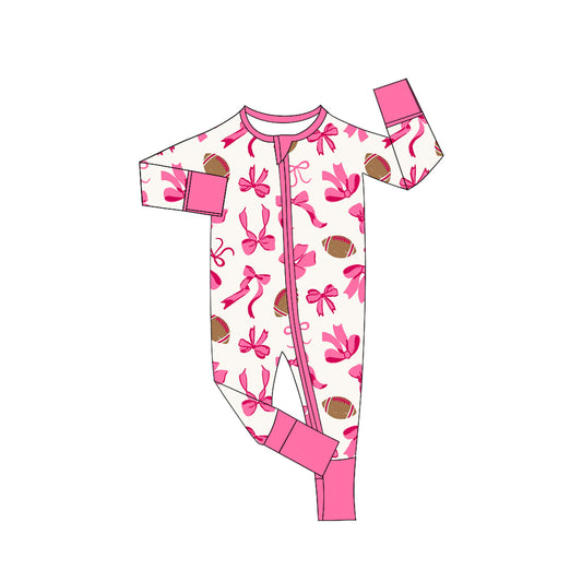 Preorder LR2526 Bows Football Pink White Zippy Long Sleeve Girls Romper 202508