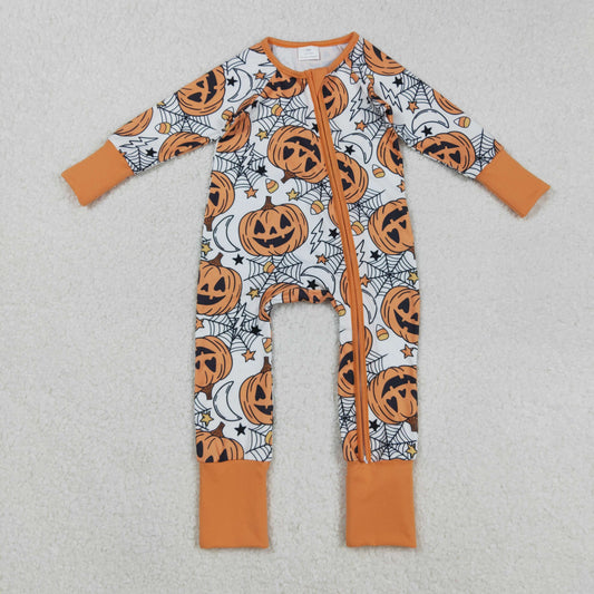 LR2528 Halloween Ghost Orange Zipper Long Sleeve Girls Romper 202508 RTS