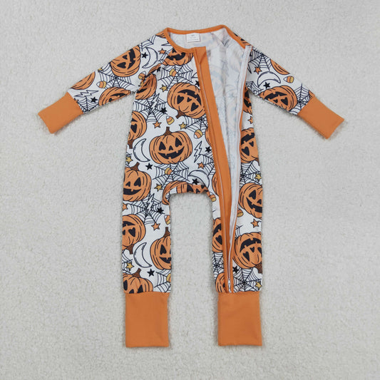 LR2528 Halloween Ghost Orange Zipper Long Sleeve Girls Romper 202508 RTS