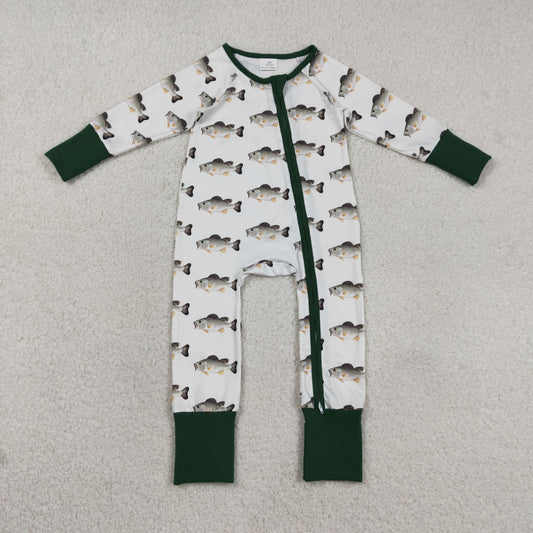 LR2531 Fish Pattern Green White Zippy Long Sleeve Boys Romper 202603 RTS