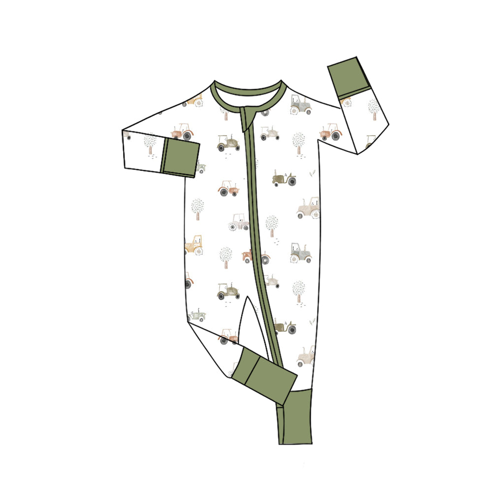 Preorder LR2532 Trucks Tree Pattern Gray Green White Zippy Long Sleeve Boys Romper 202508