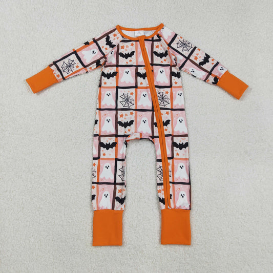 LR2539 Halloween Ghost Bats Plaid Orange Zippy Long Sleeve Girls Romper 202508 RTS