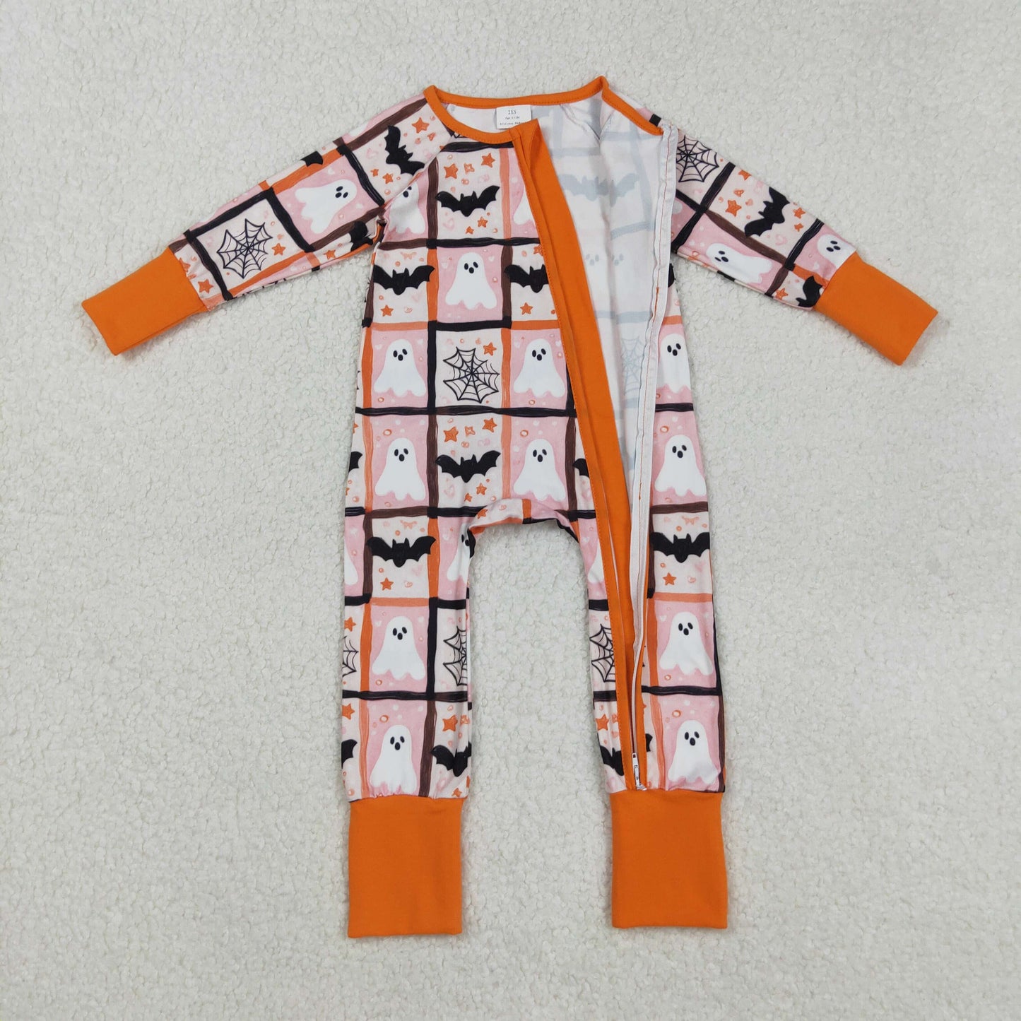 LR2539 Halloween Ghost Bats Plaid Orange Zippy Long Sleeve Girls Romper 202508 RTS