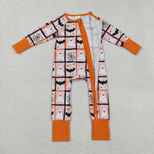 LR2539 Halloween Ghost Bats Plaid Orange Zippy Long Sleeve Girls Romper 202508 RTS