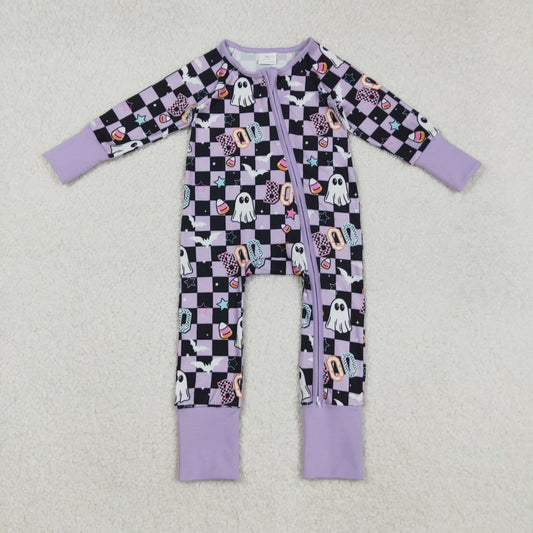 LR2541 Halloween BOO Ghost Plaid Purple Zippy Long Sleeve Girls Romper 202509 RTS