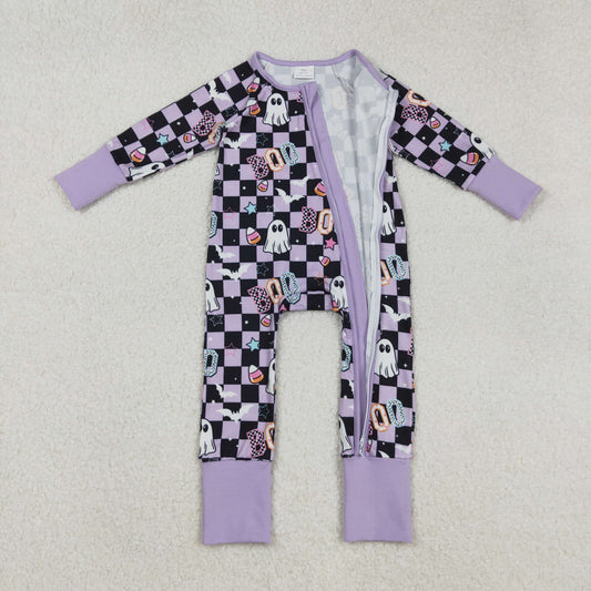 LR2541 Halloween BOO Ghost Plaid Purple Zippy Long Sleeve Girls Romper 202509 RTS