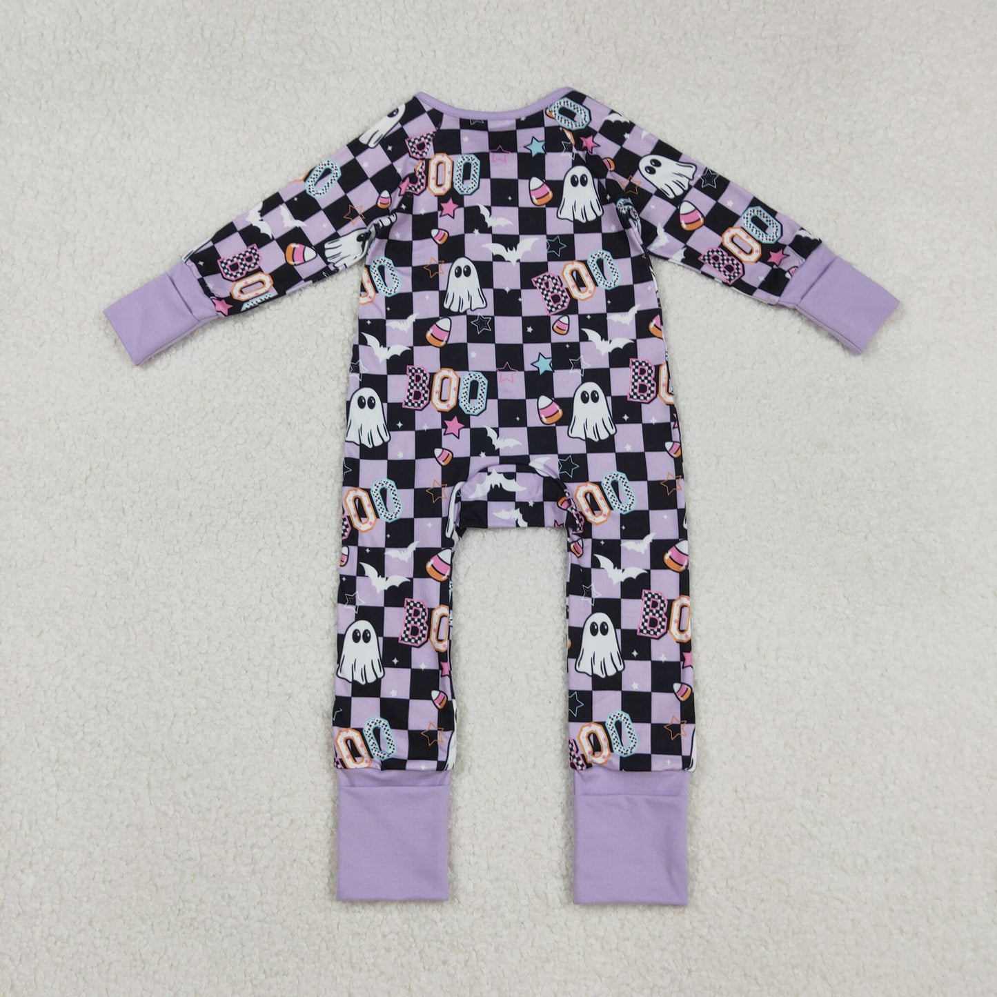 LR2541 Halloween BOO Ghost Plaid Purple Zippy Long Sleeve Girls Romper 202509 RTS