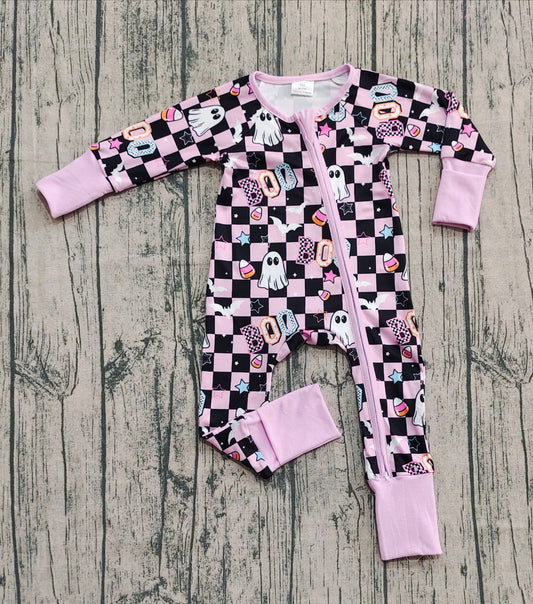 Preorder LR2541 Halloween BOO Ghost Plaid Purple Zippy Long Sleeve Girls Romper 202508