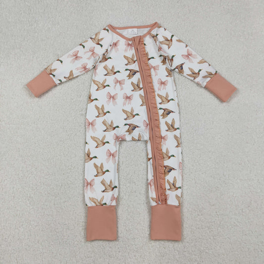 LR2545 Duck Hunting Bows Ruffle Zippy Long Sleeve Girls Romper 202510 RTS