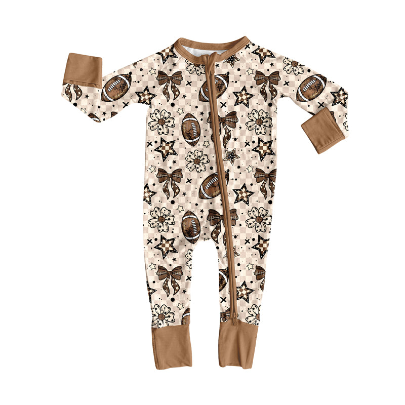 Preorder LR2547 Rugby Bows Flower Star Plaid Khaki Zippy Long Sleeve Girls Romper 202508