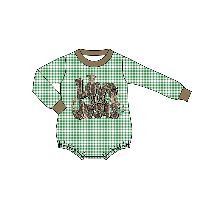 Preorder LR2550 Cowboy Duck Hunting Camo Green Plaid Long Sleeve Boys Bubble Romper 202508