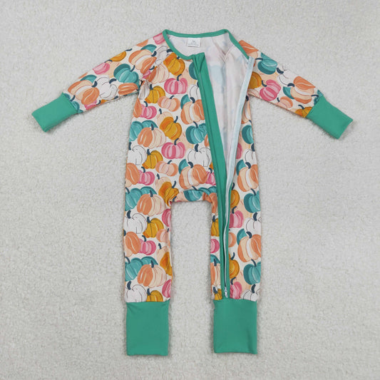 LR2552 Pumpkin Orange Green Zipper Long Sleeve Girls Romper 202508 RTS