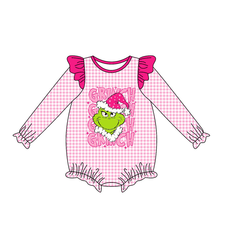 Preorder LR2554 Christmas Grinch Rose Red Ruffle Plaid Long Sleeve Girls Bubble Romper 202508