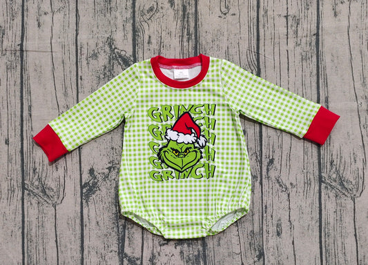 LR2555 Christmas Grinch Green Plaid Long Sleeve Boys Bubble Romper 202509 RTS