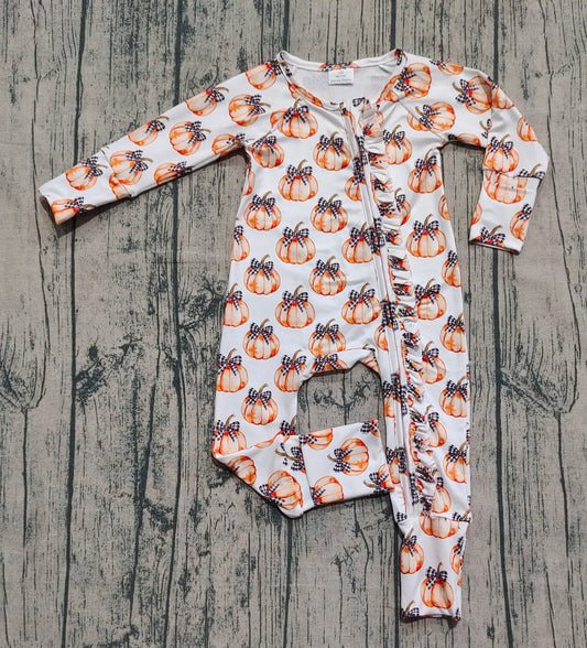 Preorder LR2557 Pumpkin Bows Zippy Long Sleeve Girls Romper 202508