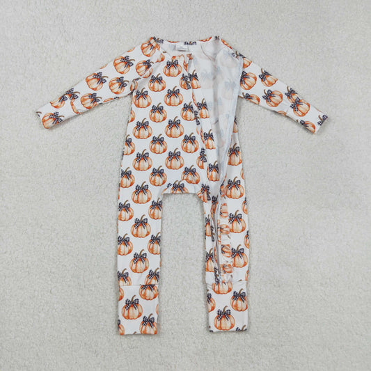 LR2557 Pumpkin Bows Zippy Long Sleeve Girls Romper 202508 RTS