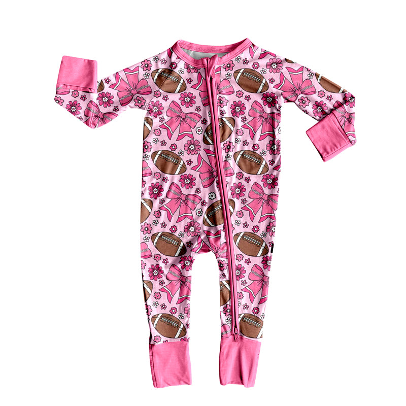 Preorder LR2559 Bows Flower Rugby Rose Red Zippy Long Sleeve Girls Romper 202508