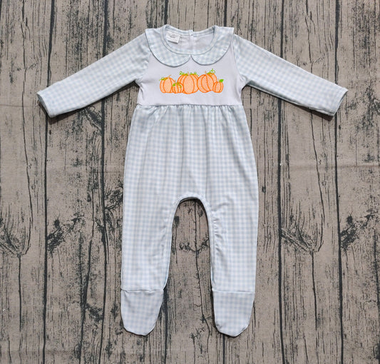 Preorder LR2560 Embroidered Pumpkin Plaid Doll Collar Long Sleeve Girls Romper with Socks 202508