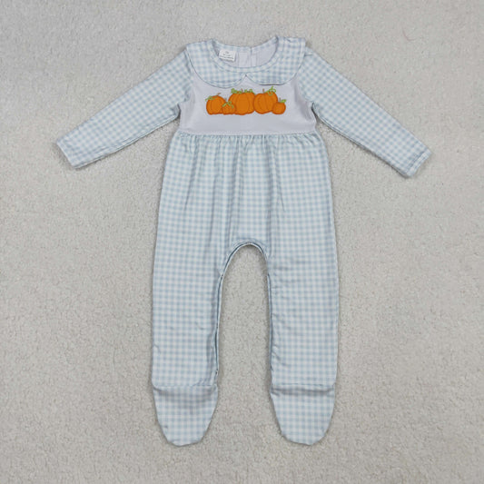 LR2560 Embroidered Pumpkin Plaid Doll Collar Long Sleeve Girls Romper with Socks 202509 RTS