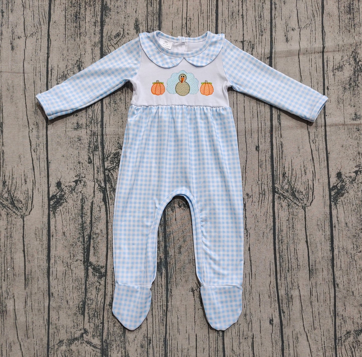 Preorder LR2561 Embroidered Turkey Pumpkin Plaid Doll Collar Long Sleeve Girls Romper with Socks 202508