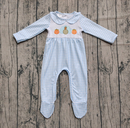 Preorder LR2561 Embroidered Turkey Pumpkin Plaid Doll Collar Long Sleeve Girls Romper with Socks 202508