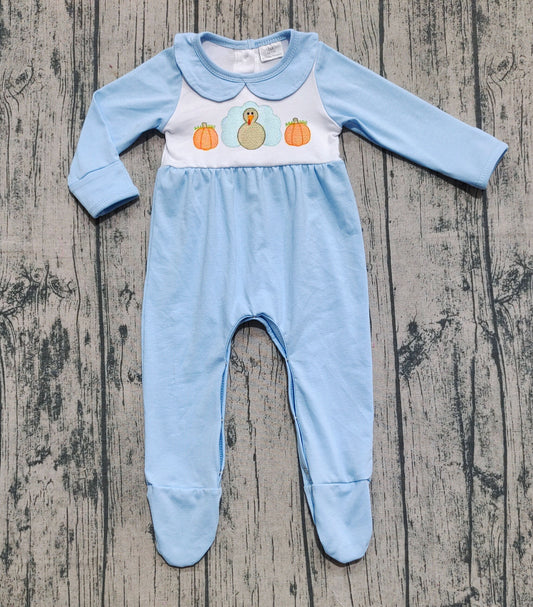 Preorder LR2562 Embroidered Turkey Pumpkin Doll Collar Blue Long Sleeve Boys Romper with Socks 202508