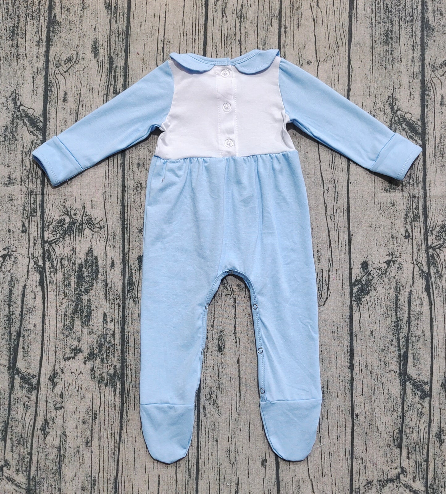 Preorder LR2562 Embroidered Turkey Pumpkin Doll Collar Blue Long Sleeve Boys Romper with Socks 202508