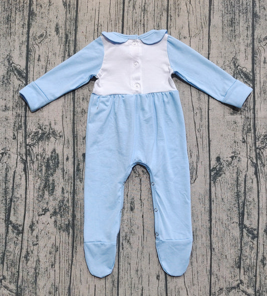 Preorder LR2562 Embroidered Turkey Pumpkin Doll Collar Blue Long Sleeve Boys Romper with Socks 202508