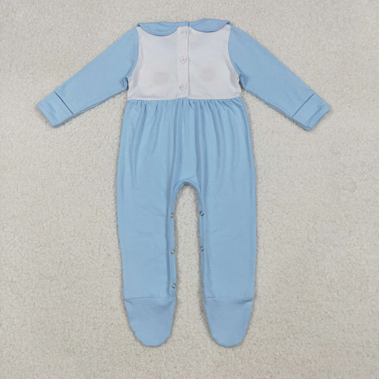 LR2562 Embroidered Turkey Pumpkin Doll Collar Blue Long Sleeve Boys Romper with Socks 202510 RTS