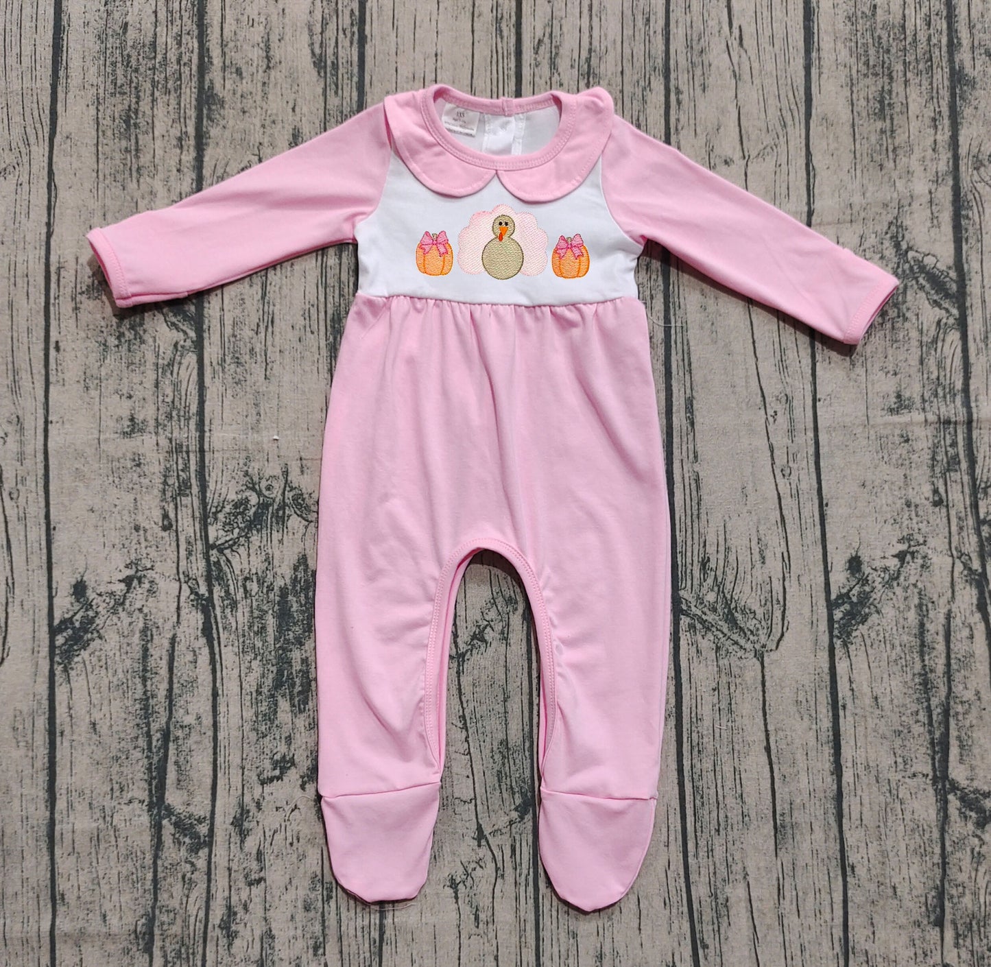 Preorder LR2563 Embroidered Turkey Pumpkin Doll Collar Pink Long Sleeve Girls Romper with Socks 202508