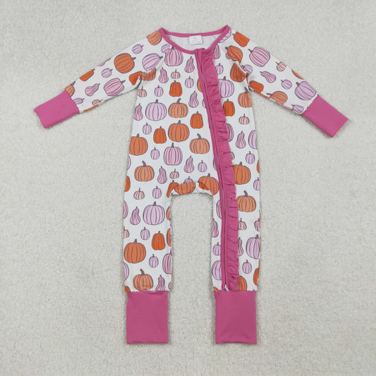 LR2566 Pumpkin Rose Red Ruffle Zippy Long Sleeve Girls Romper 202509 RTS